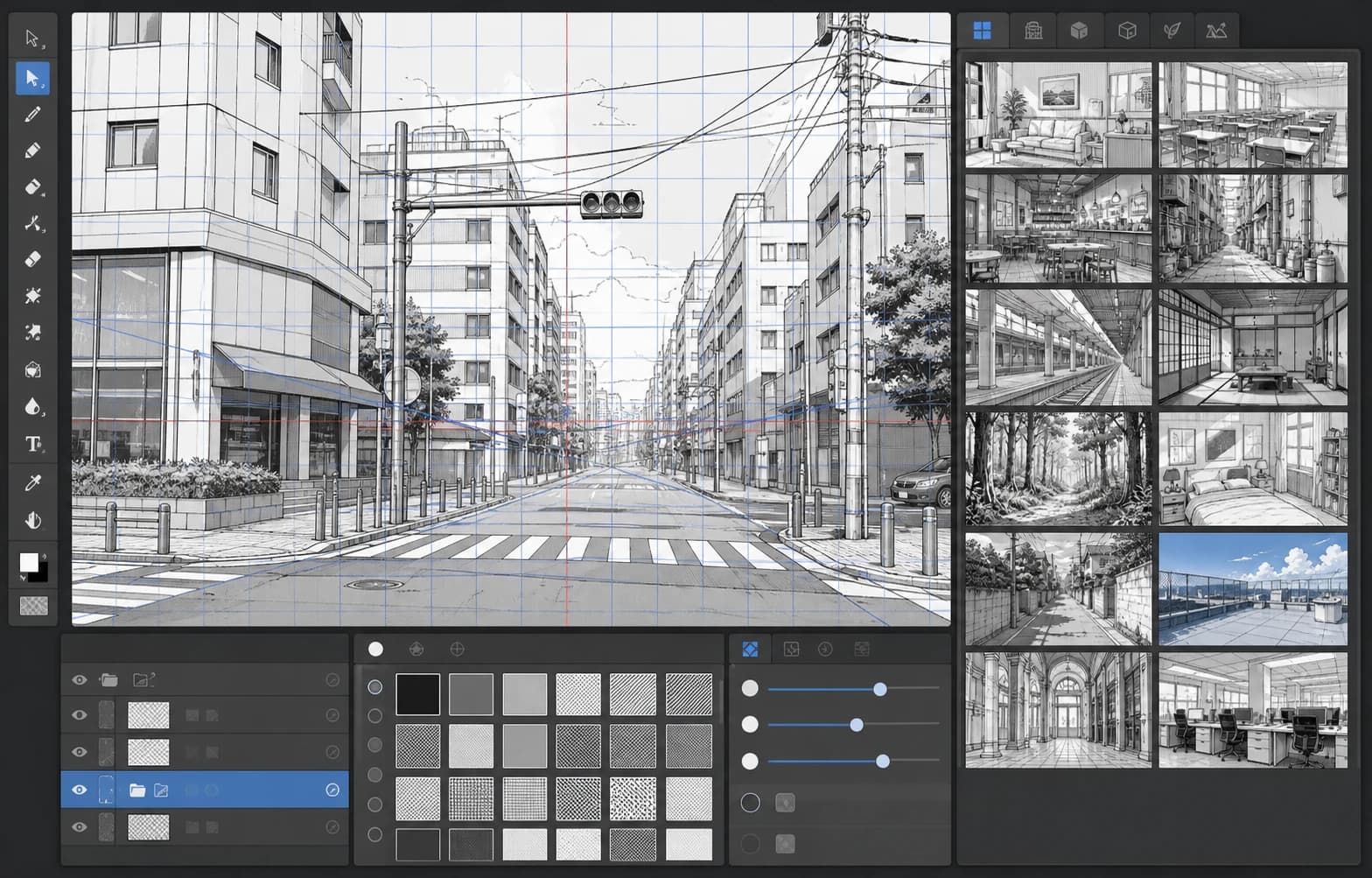 Velika background-library concept with editable city perspective and environment thumbnails