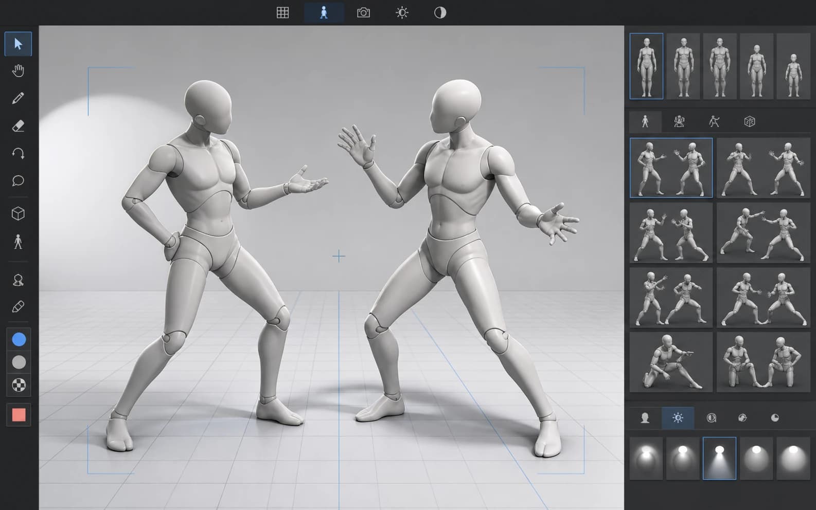 Velika pose-studio concept with two drawing mannequins and a shelf of pose presets