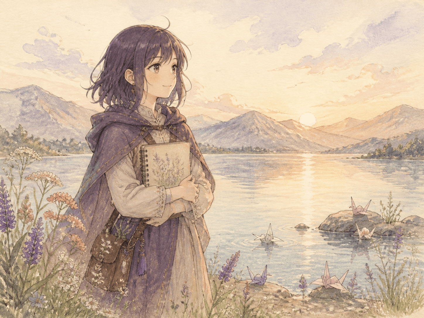 Watercolor-style illustration of a young artist beside a lake at sunrise