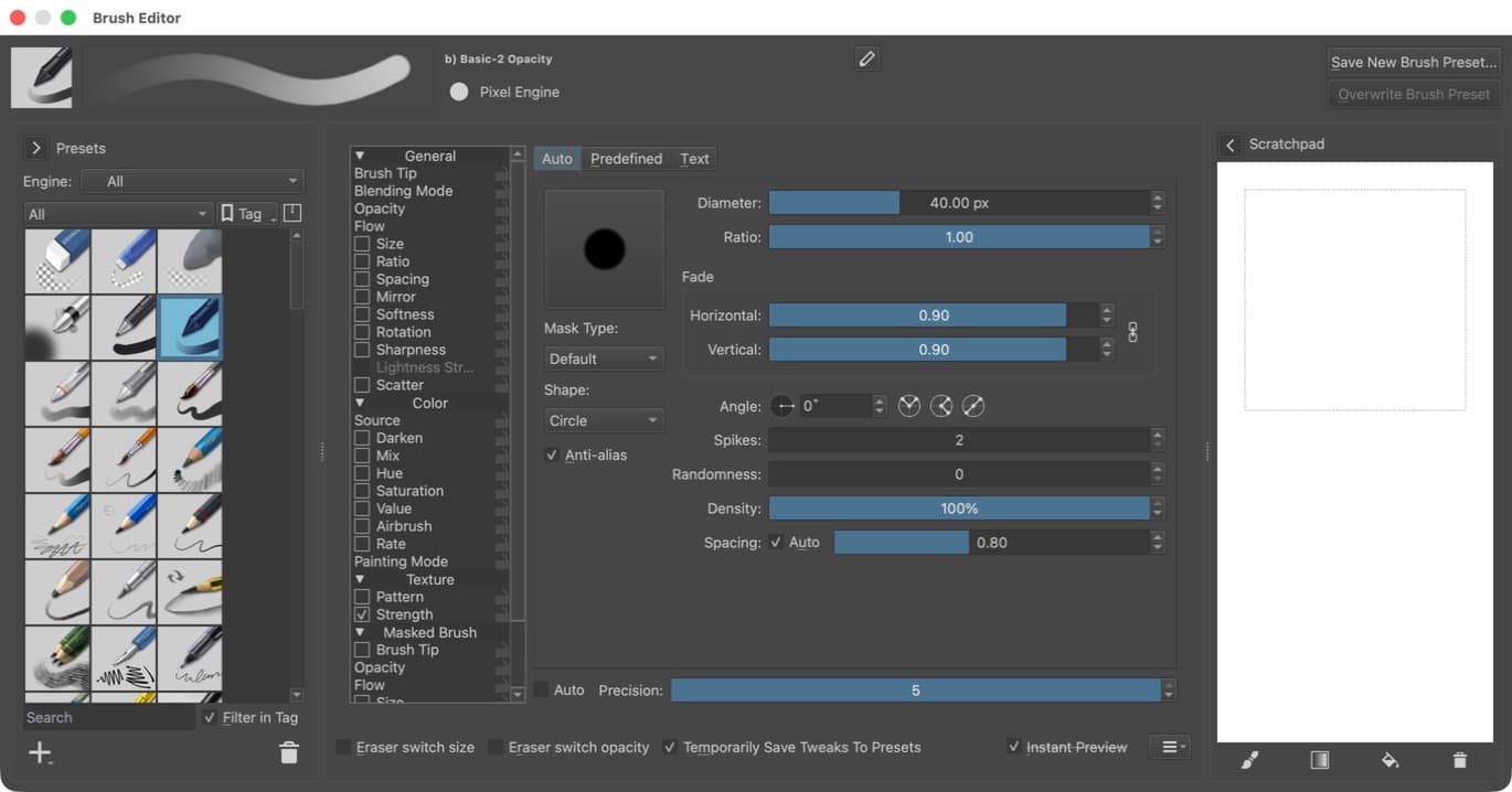 Velika brush editor with brush presets and pressure controls