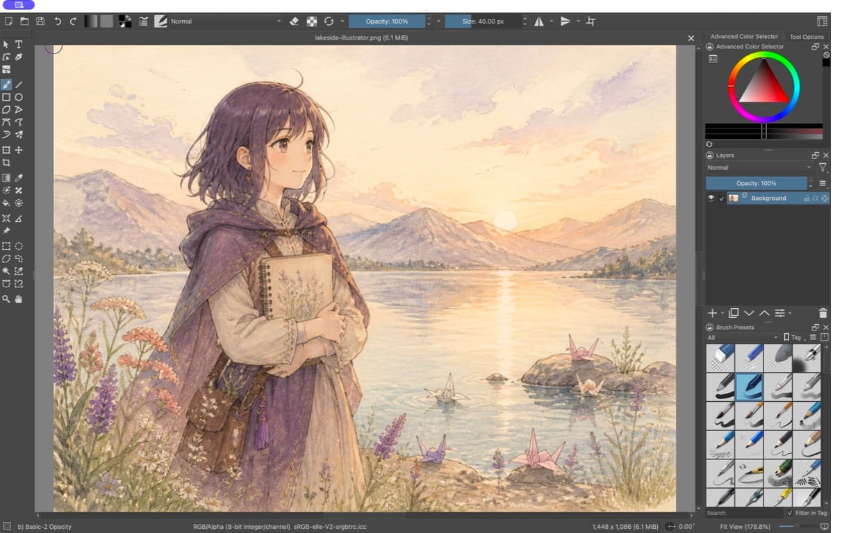 Velika professional painting workspace with brushes, layers, and color tools