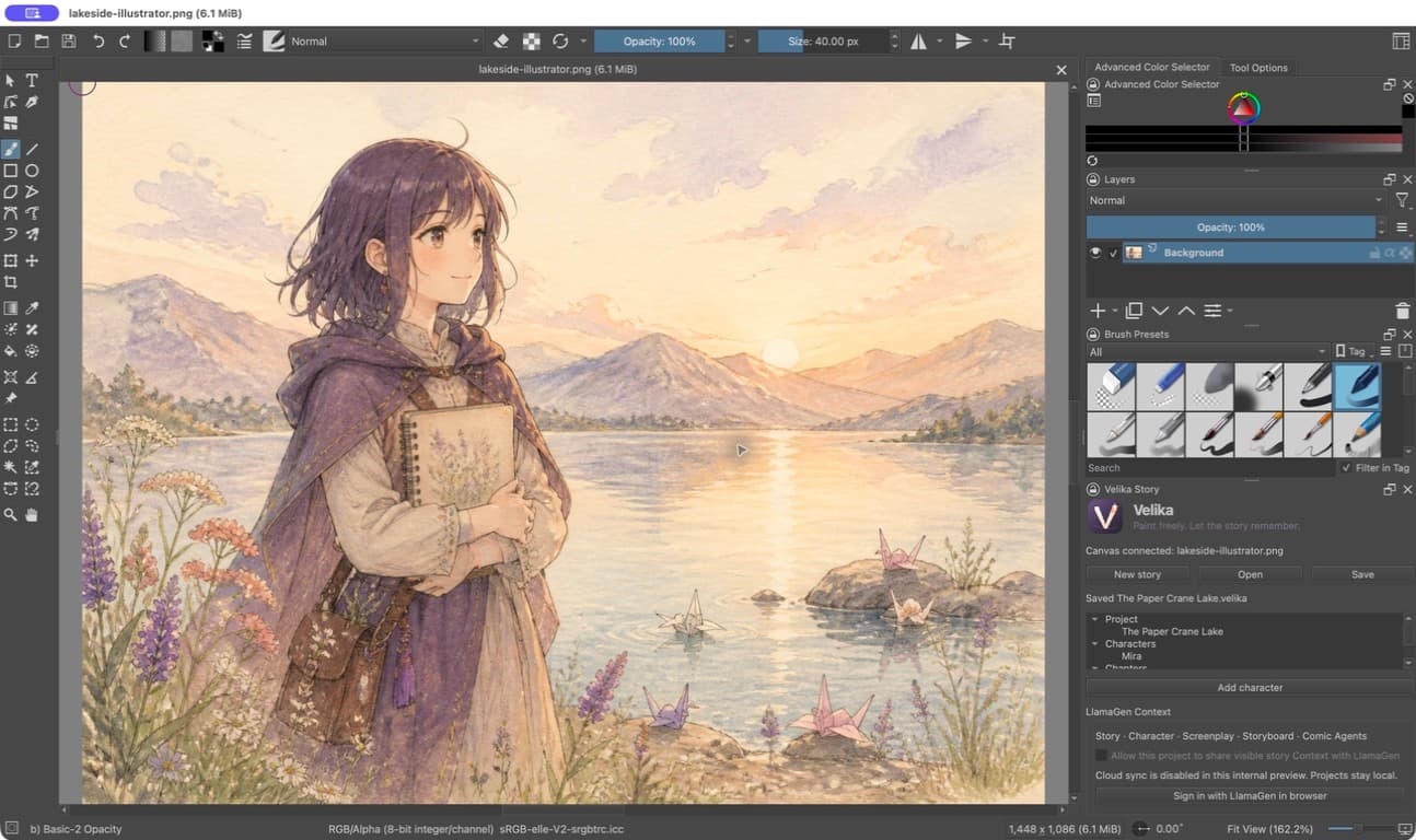 Velika project references and character notes beside the painting canvas