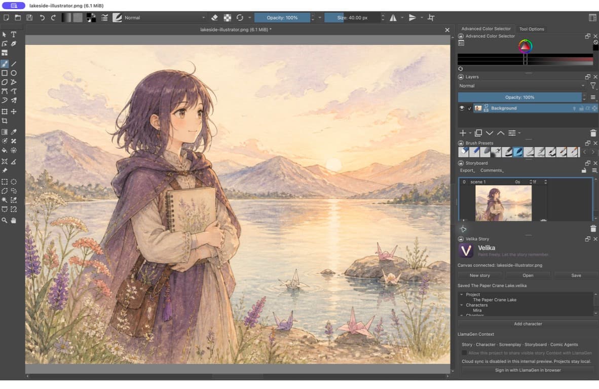 Velika storyboard and Story panels connected to an illustration